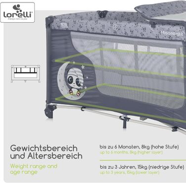 Дитяче ліжечко та манеж Lorelli 3 в 1, Moonlight 2 рівні з боковим входом, ліжечко від народження до 15 кг, складне дитяче дорожнє ліжечко зі вставкою для новонародженого, пеленальним килимком, коліщатками та сумкою, (сірий/світло-сірий)