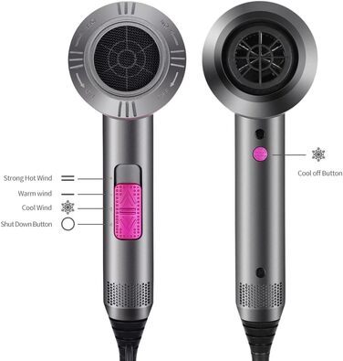 Професійний іонізуючий фен для волосся Faszin з AC-мотором, 2 швидкостями та 3 режимами температури, сірий (дифузор та 2 концентратора в комплекті)