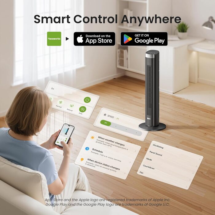 Турбовентилятор Leiser 91 см з осциляцією, пультом дистанційного керування та Wi-Fi, 4 швидкості, 4 режими, таймер 12 годин, чорний