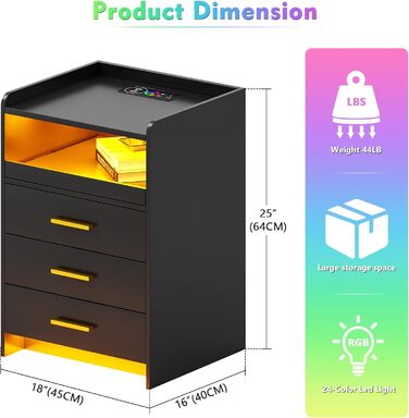 Комплект приліжкової тумби Lvifur з підсвічуванням, функцією зарядки, 4 кольори, 3 висувних ящика, датчик USB-C (2, чорний)