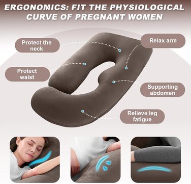 Вагітний подушка J-подібної форми, подушка для годування, подушка для підтримки тіла, подушка для вагітних знімний чохол, 140x70 см (Коричневий, Велюр)