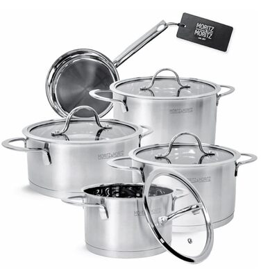 Набір каструль Moritz & Moritz 5 шт. з 4 скляними кришками - каструлі з нержавіючої сталі для індукції та всіх типів плит - стильний набір каструль з кришками та ручками - підходить для миття в посудомийній машині та випікання в духовці