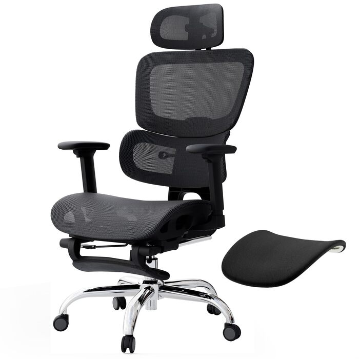 Ергономічне крісло для офісу Voll-Mesh з підголівником, підставкою для ніг, регульованою спинкою, підлокітниками, автоматичною поперековою підтримкою, PU-колесами, поворотним на 360°, до 150 кг, чорне