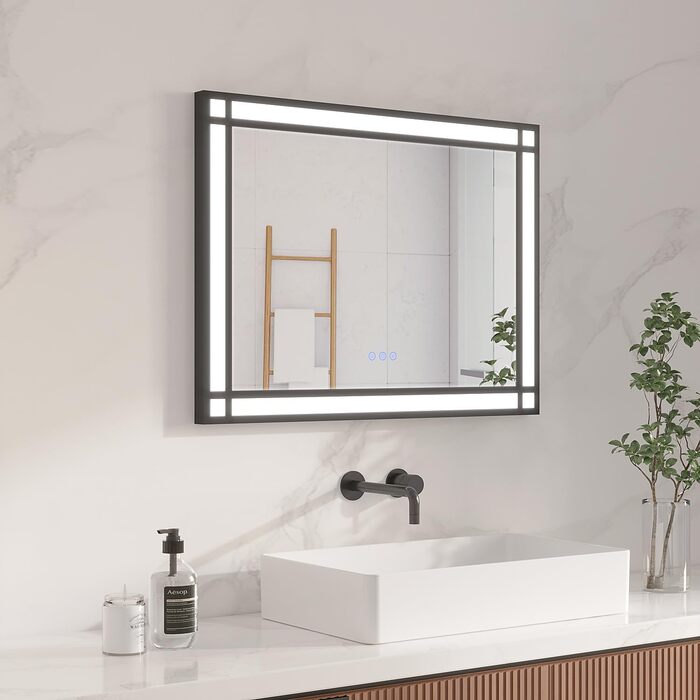Дзеркало для ванної кімнати AQUABATOS LED з підсвічуванням 50x70 см, імітація вікна, сенсорне регулювання, регулювання яскравості, холодний білий, протизапотівання, чорний алюмінієвий каркас, декор у індустріальному стилі