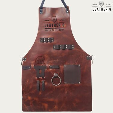 Фартух для гриля зі шкіри з тримачем для пива, BBQ Pitmaster – міцний, з кишенями, регульовані лямки (коричнева шкіра)