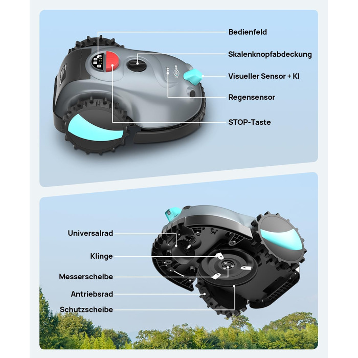 Робот-газонокосилка V100 без обмежувального кабелю з камерою, уникнення перешкод, навігація Vision, акумулятор 4 Ah, 150㎡, запасні леза, спіральне косіння, сірий колір