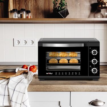 Міні-піч WOLTU 28 л, піч для піци 1600 Вт, 100-230 °C, таймер 0-60 хв, 3 режими нагріву, з деко, решіткою, підсвічуванням крихт, підйомником решітки, чорна
