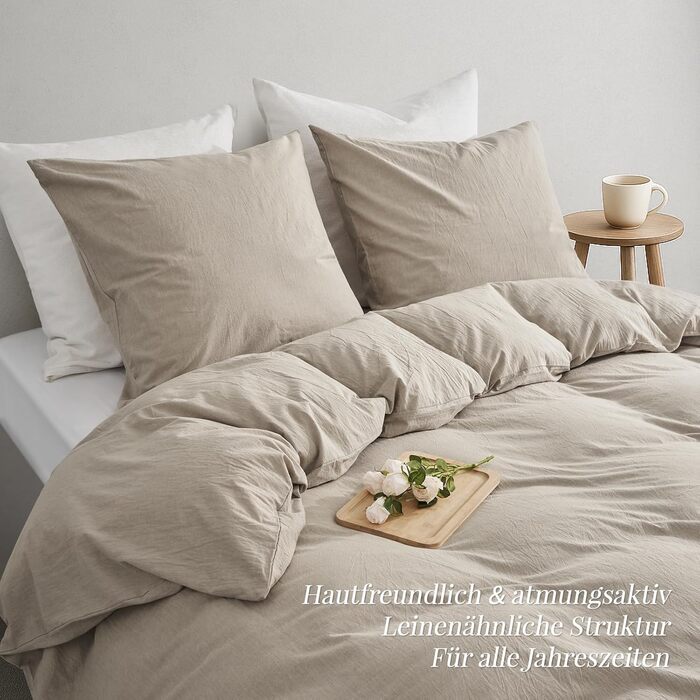 Комплект постільної білизни 200x220 з бавовни, бежевий, суперм'який, 100% бавовна, випрана, з льоноподібною текстурою, ÖKO-TEX, комплект 3 шт. (200x220 + 2 x 80x80)
