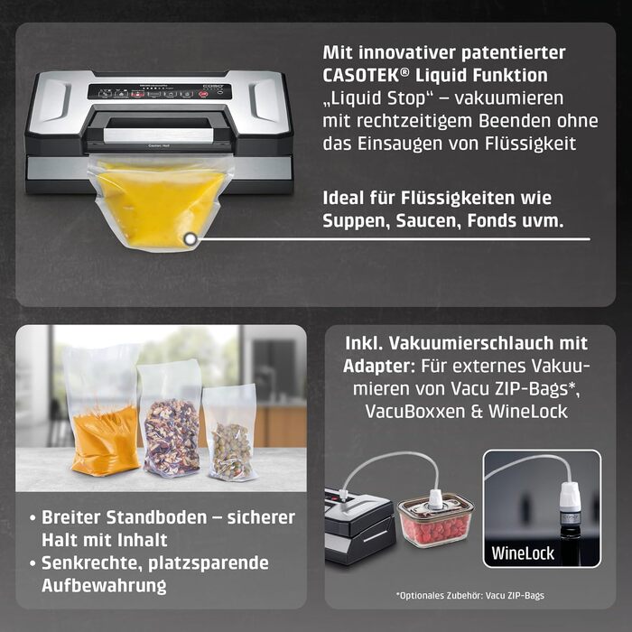 Вакууматор CASO VRH 800 Advanced Pro для продуктів та рідин, насос 20 л/хв, подвійний шов 30 см, корпус із нержавіючої сталі, комплект з пакетами та контейнерами