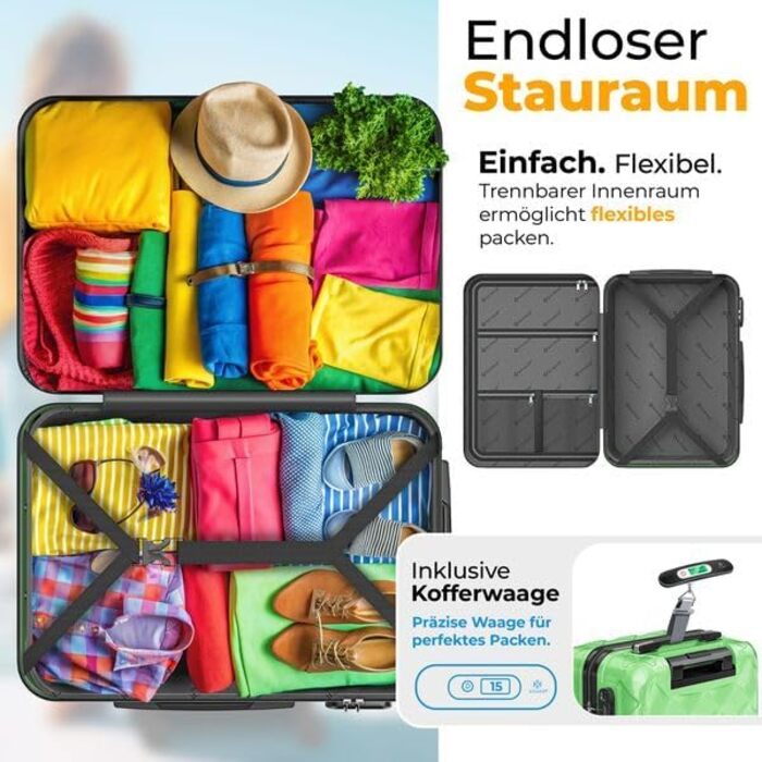 Набір валіз KESSER® 3 шт. | ABS валізи з кодовим замком, ваговою шалькою та органайзером для документів, 360° колеса | Ручна поклажа та великі валізи для подорожей та бізнесу (Apple Green)