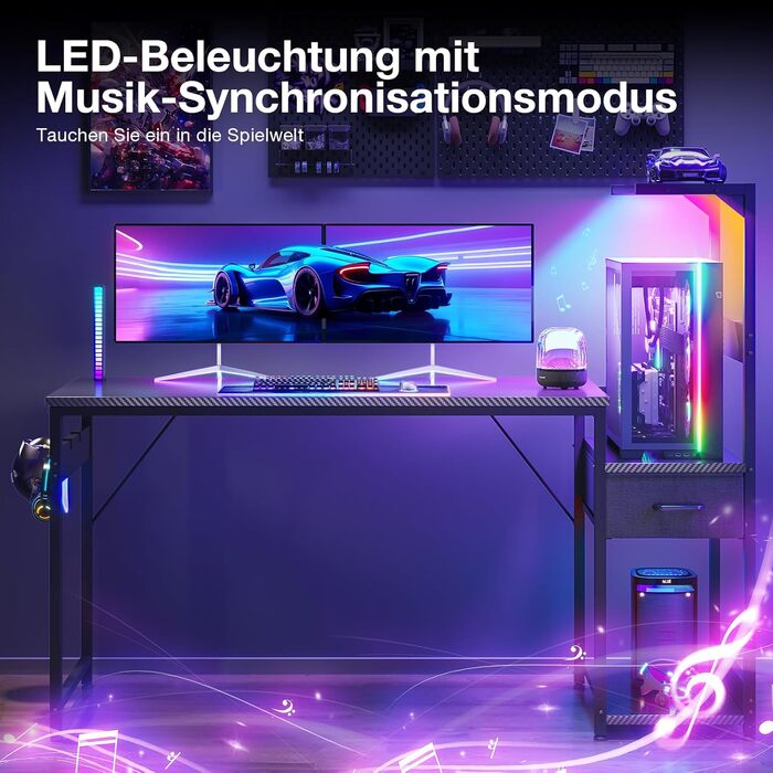 Ігровий стіл Coleshome з LED-підсвічуванням 120x48 см, з ящиками та полицею, обертовий, з тримачем для навушників, карбонове волокно чорного кольору