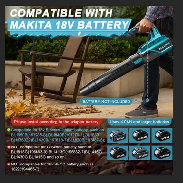 Акумуляторний повітродув безщітковий сумісний з Makita 18V (без акумуляторів), для прибирання та догляду за газоном, швидкість повітря 80 м/с