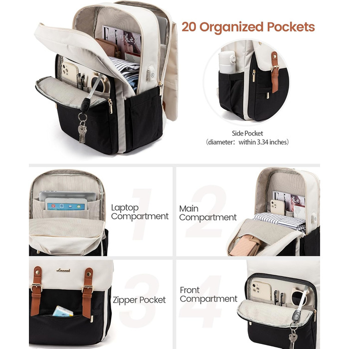 LOVEVOOK Рюкзак для жінок, рюкзак для ноутбука 15.6 дюймів, водонепроникний, для роботи, навчання, подорожей, стильний, бежевий & кавовий колір