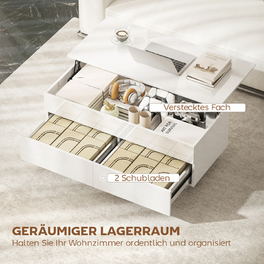 Журнальний столик з регульованою висотою, сучасний столик для вітальні з прихованою системою зберігання та 2 висувними ящиками, глянцевий білий