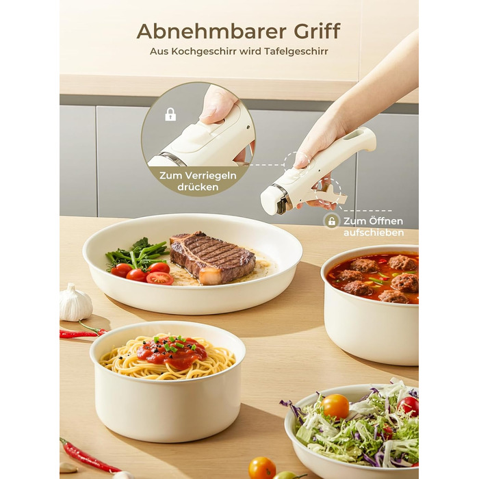 Набір посуду FOHERE 8 предметів: каструлі та сковороди з 2 знімними ручками, сковорода 20/28 см, каструлі 2.6/1.4 л, підходить для всіх плит (індукція), безпечний у духовці та посудомийній машині, бежевий