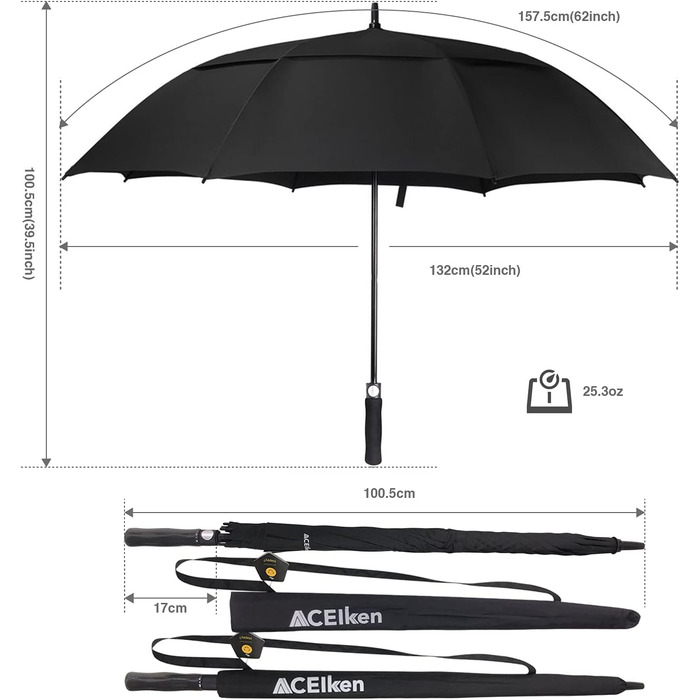 Велика штормонепроникна парасолька ACEIken - автоматична, з подвійним куполом, для жінок і чоловіків, чорна, 62 ДЮЙМИ
