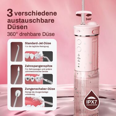 Портативний електричний іригатор для порожнини рота JTF Mini, бездротовий, для подорожей, з 5 насадками, 4 режими, 230 мл, водонепроникний (IPX7), рожевий