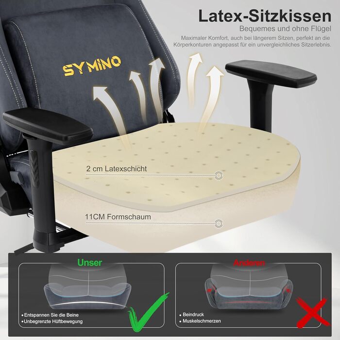 Ігровий крісло Symino з латексним сидінням, 300 кг, підтримка попереку та підголовник