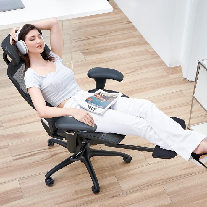 Органічний офісний крісло COLAMY з підніжкою, 3D підлокітниками, підголівником, підтримкою попереку та дихаючою сіткою - для офісу та дому, чорний