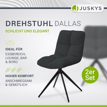 Поворотний стілець Juskys Dallas Набір з 2 - поворотні обідні стільці, тканинний чохол, до 120 кг, вельвет темно-сірий