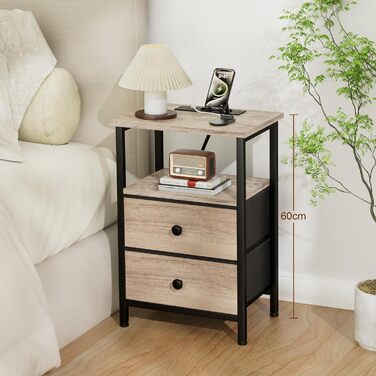 Нічний столик AMHANCIBLE з підзарядкою, приліжний столик з висувними ящиками з тканини, журнальний столик з відкритою полицею, з 2 USB-портами та 2 розетками, для спальні, вітальні, сірий HETS020GY-1