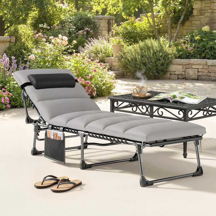 Зручний складаний шезлонг для саду з регульованою спинкою (5 положень), м'яким матрацом та підголівником.