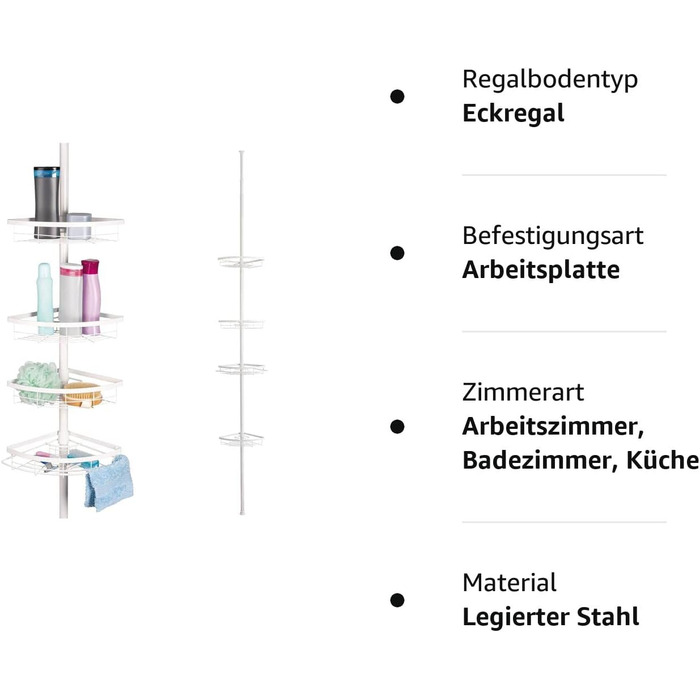 Кутова полиця для телескопа bremermann, 4 кошики, телескопічний стрижень довжиною не більше 290 см (білий)