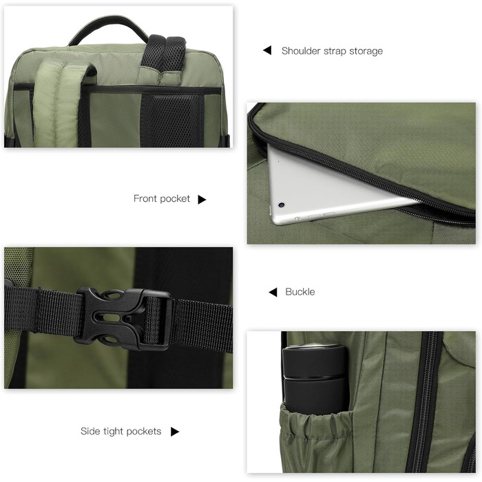 KONO Рюкзак для ручної поклажі в літак, великий, водонепроникний, 55 x 35 x 20 см, 38L, зелений