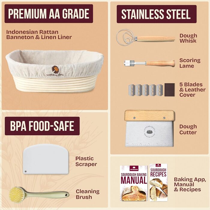 Набір для випічки закваски Superbaking: корзини Banneton (круглі 22.9 см та овальні 25.4 см), стартер та інструкція
