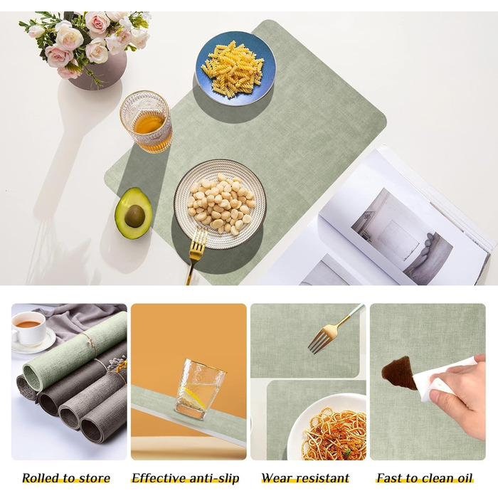 Набори підставки під тарілки Purejoy Platzsets, 6 шт., сірі, миючі, неслизькі, термостійкі, з PU шкіри, 43x30 см (світло-зелені)