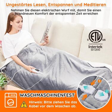 Електрична ковдра Mia&Coco з автовимкненням 160x130 см, 10 рівнів нагріву, таймер 9 год, захист від перегріву, пральна машина, фланелева ковдра для ліжка, дивана та вітальні, сіра, 130x160 см