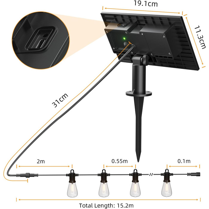 Світлодіодний струнний світильник, 252 лампи ST38, IP65, теплий білий, сонячна батарея, прикраса саду/патіо, 15M
