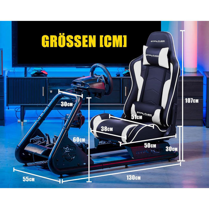 GTPLAYER Симулятор кокпіт для автосимуляторів, стійка для керма та педалей, білий