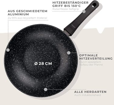 Ексклюзивно для Domopolis - Мармурова сковорода для вок з факелом 28 см, вок з антипригарним покриттям, виготовлений з 90 переробленого алюмінію, з ергономічним художнім оформленням.