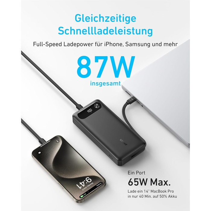 Портативний зарядний пристрій на 20 000 мАг із вбудованим кабелем USB-C, акумулятор для швидкої зарядки потужністю 87 Вт, 2 USB-C та 1 USB-A, для MacBook, iPhone серії 15/14, Samsung, Switch та інших Чорний