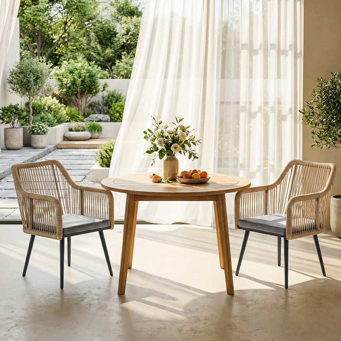 Набір із двох садово-патіо стільців, стійких до погодних умов. Зручні садові стільці з підлокітниками та подушками для сидіння, міцний металевий каркас, витримують до 120 кг. Колір: світло-сірий.