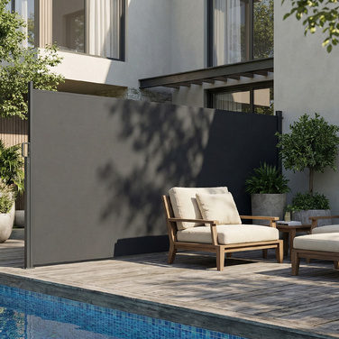 Висувна маркіза з боковими шторами, захист від сонця та вітру для тераси, водонепроникна, UV 50+, 420 x 185 см, темно-сірий колір