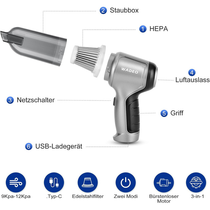 Ручний пилосос WADEO 14000Pa Акумуляторний автомобільний пилосос зі світлодіодним підсвічуванням і підсвічуванням SOS, міні-пилосос 6 в 1 з тонким корпусом для автомобіля, домашньої тварини, дому (Silver-12000pa, з фільтром з нержавіючої сталі)