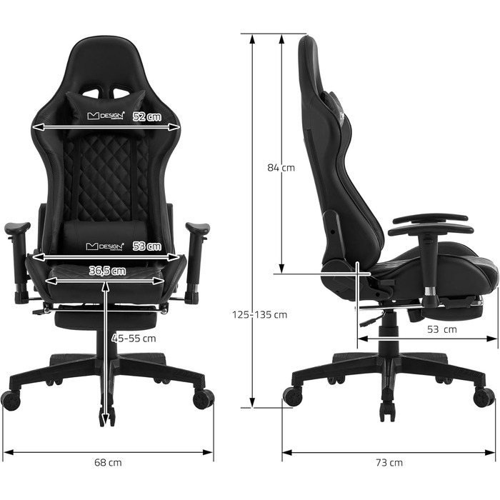 Ігрове крісло ML-Design, чорне, зі шкірозамінника, ергономічне, з підставкою для ніг та підтримкою