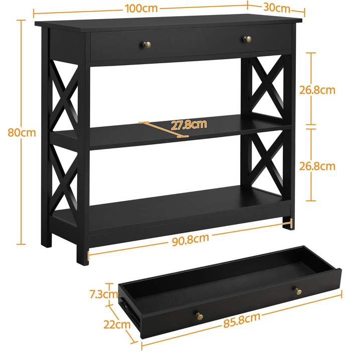 Консольний стіл Yaheetech з ящиком, 2 полиці, X-Frame, 100x30x80 см, чорний