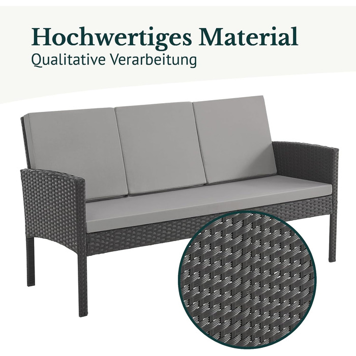 Садовий набір меблів SVITA Denver з поліротангу 4 предмети: 2 крісла, диван на 2 місця, стіл - чорний, сталевий каркас, водостійкий PE-ротанг, подушки