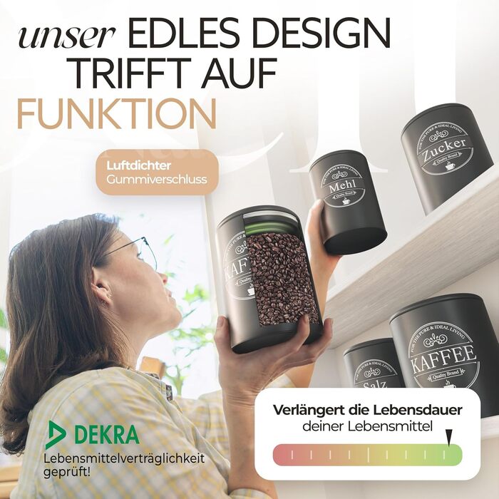Набір контейнерів для зберігання кави, цукру та борошна IDEALTASTIC® Premium, 3 шт по 500г, повітряно-водонепроникні, чорний