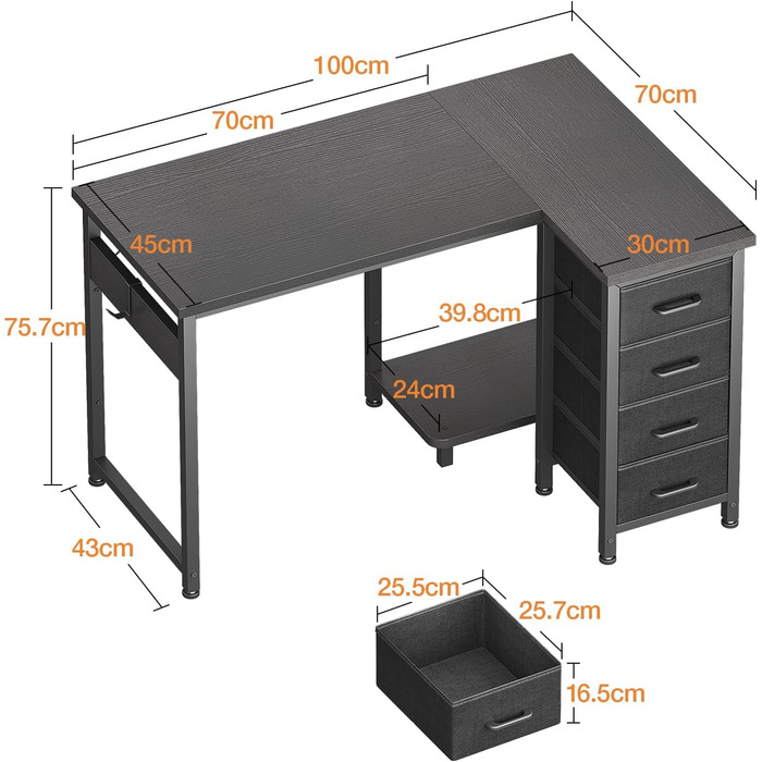 Комп'ютерний кутовий стіл Coleshome 100x70 см з 4 шухлядами, білий/чорний, для офісу, робочого кабінету, спальні
