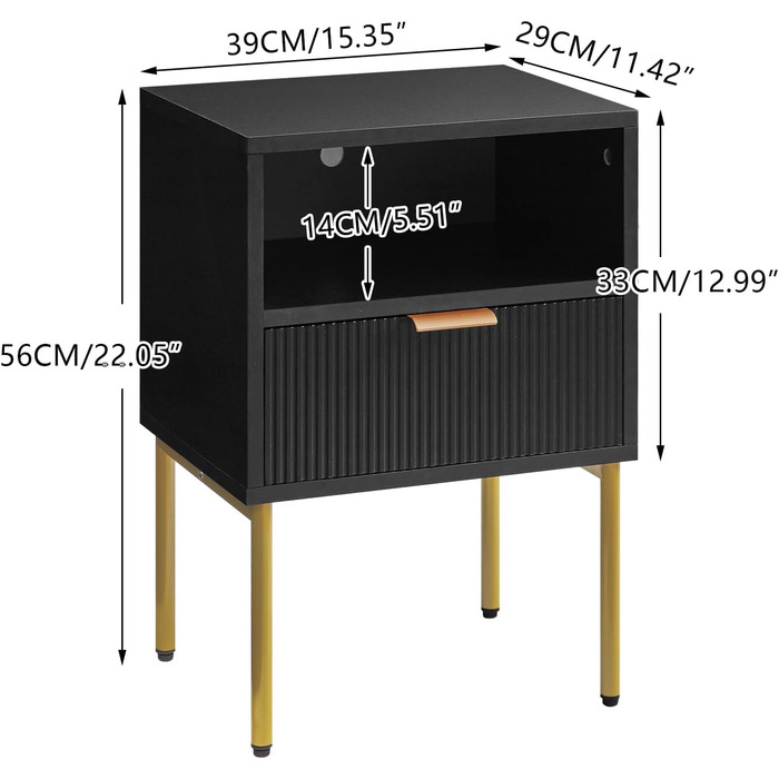 Приліжкова тумбочка середини століття з шухлядою, чорний журнальний столик із золотим каркасом WNS008B