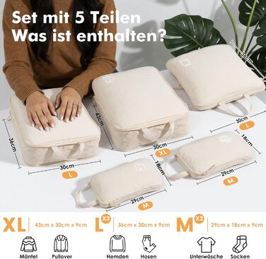 Набір органайзерів для одягу в подорож Compression Packing Cubes, компресійні сумки для валізи та рюкзака, нейлонові органайзери для речей, бежевий, 5 шт.