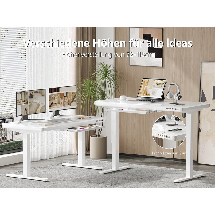 Електричний письмовий стіл Homall зі скляною стільницею, 140x70 см, з регулюванням висоти та шухлядою, білий, для дому та офісу