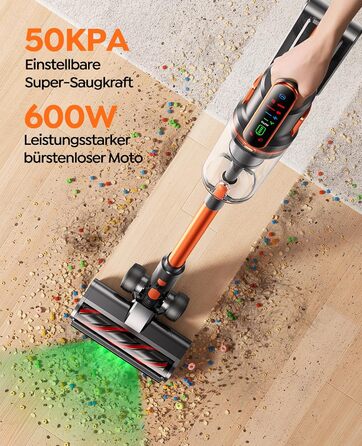 Бездротовий пилосос Fieety з акумулятором, 600W, 50kPa, 65 хв роботи, станція для зарядки на стіні, ароматерапія, автоматичний режим, сенсорний екран, висувний шланг 1 м для твердих поверхонь, килимів, шерсті тварин, автомобіля