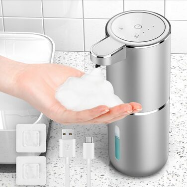 Автоматичний дозатор мила, 380 мл, електричний, з датчиком, USB, водонепроникний IPX5, для кухні, ванної кімнати, школи, готелю (сріблястий, піна)