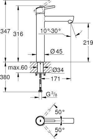 Змішувач для раковини одноважільний, DN 15 Хром 23739002-Out (XL, для окремо стоячих умивальників)