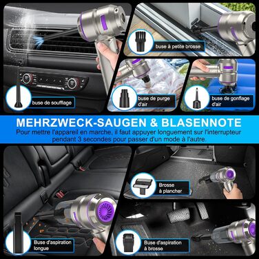 Бездротовий ручний автомобільний пилосос 4 в 1, потужність 18000Па, безщітковий мотор 200 000 об/хв, 3 рівні всмоктування для авто, дому та шерсті тварин, сріблястий